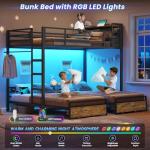 DICTAC Triple Bunk Bed for Kids with Storage Drawers and Charging Station Twin Over Twin Metal Bunk Bed with Storage Shelves and Box,3 Beds with Guardrails and Ladder, No Box Spring Needed, Black