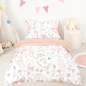 GFU 4 Piece Toddler Bedding Set, Ultra Soft and Breathable Toddler Comforter Sets for Girls Includes Quilted Comforter, Fitted Sheet, Flat Sheet and Pillowcase, Pink Flowers