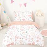 GFU 4 Piece Toddler Bedding Set, Ultra Soft and Breathable Toddler Comforter Sets for Girls Includes Quilted Comforter, Fitted Sheet, Flat Sheet and Pillowcase, Pink Flowers