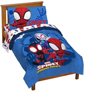 Jay Franco Marvel Spidey and His Amazing Friends Team Spidey 4 Piece Toddler Size Bed Set – Super Soft Microfiber - Includes Comforter & Sheet Set Bedding (Official Marvel Product)