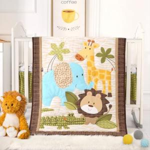 Wowelife Safari Crib Bedding Set, Mini Crib Bedding Set Boy 3-Piece Mini Crib Comforter Set, Nursery Bedding Sets for Boys Include Crib Comforter, Skirt and Sheet, Brown
