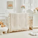 3 Pieces Tufted Crib Bedding Set with Ruffle Fringe, Beige Ruffled Comforter with Fitted Sheet and Bed Skirt , Soft and Embroidery Shabby Chic Boho Bohemian Jacquard Design for Baby Girls Boys