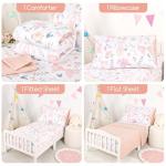 GFU 4 Piece Toddler Bedding Set, Ultra Soft and Breathable Toddler Comforter Sets for Girls Includes Quilted Comforter, Fitted Sheet, Flat Sheet and Pillowcase, Pink Flowers