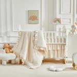 3 Pieces Tufted Crib Bedding Set with Ruffle Fringe, Beige Ruffled Comforter with Fitted Sheet and Bed Skirt , Soft and Embroidery Shabby Chic Boho Bohemian Jacquard Design for Baby Girls Boys