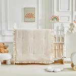 3 Pieces Tufted Crib Bedding Set with Ruffle Fringe, Beige Ruffled Comforter with Fitted Sheet and Bed Skirt , Soft and Embroidery Shabby Chic Boho Bohemian Jacquard Design for Baby Girls Boys