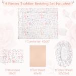 GFU 4 Piece Toddler Bedding Set, Ultra Soft and Breathable Toddler Comforter Sets for Girls Includes Quilted Comforter, Fitted Sheet, Flat Sheet and Pillowcase, Pink Flowers