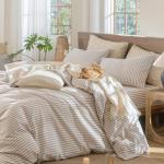 MooMee Striped Duvet Cover Set 100% Washed Cotton Linen Like Textured Breathable Durable Soft Comfy (Tannish Linen Grey White Classic Stripes, Queen 90"x90")