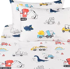 J-pinno Dinosaur Construction Work Digger Cars Vehicle Cute Cozy Fun Full Sheet Set for Kids Girls Children 100% Cotton Flat Sheet + Fitted Sheet + Piillowcase Bedding Set (Dinosaur, Full)
