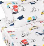 J-pinno Dinosaur Construction Work Digger Cars Vehicle Cute Cozy Fun Full Sheet Set for Kids Girls Children 100% Cotton Flat Sheet + Fitted Sheet + Piillowcase Bedding Set (Dinosaur, Full)
