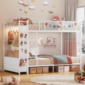 Itaar Metal Bunk Bed Twin Over Twin with Hall Tree, Power Outlet, LED Bunk Bed with 4 Storage Drawers, Bed with 13‘’ Safety Guardrail & Ladders for Kids and Teen, 400lb Weight Capacity, White