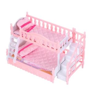 TOYANDONA Dollhouse Bunk Bed 1/12 Scale - Pink Miniature Doll Bunk Bed Dollhouse with Ladder Sheets Pillows for Doll House Furniture Accessories