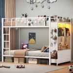 Itaar Metal Bunk Bed Twin Over Twin with Hall Tree, Power Outlet, LED Bunk Bed with 4 Storage Drawers, Bed with 13‘’ Safety Guardrail & Ladders for Kids and Teen, 400lb Weight Capacity, White