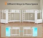 Itaar Metal Bunk Bed Twin Over Twin with Hall Tree, Power Outlet, LED Bunk Bed with 4 Storage Drawers, Bed with 13‘’ Safety Guardrail & Ladders for Kids and Teen, 400lb Weight Capacity, White