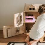 TOYANDONA Dollhouse Bunk Bed 1/12 Scale - Pink Miniature Doll Bunk Bed Dollhouse with Ladder Sheets Pillows for Doll House Furniture Accessories