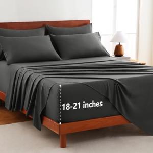 CozyLux Extra Deep Pocket King Size Sheets Set - 6 Piece King Sheets - Luxury Sheet King Size Fits Up to 21 inches Mattresses, Breathable King Sheet Set & Pillowcases - Easy & Secure Fit, Dark Grey