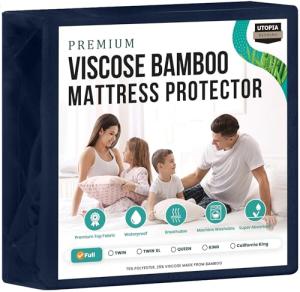 Utopia Bedding Premium Waterproof Mattress Protector, Viscose Made from Bamboo Mattress Cover, Breathable, Fitted Style with Stretchable Pockets (Navy, Full)