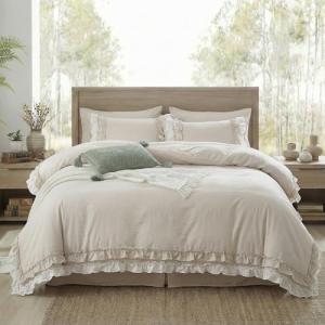 Bedorm Beige Duvet Cover Set Queen Ruffle Bedding Set Pleat Ruffled Shabby Chic Comforter Cover Extra Soft & Easy Care White Boho Duvet Cover with Zipper Closure