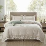 Bedorm Beige Duvet Cover Set Queen Ruffle Bedding Set Pleat Ruffled Shabby Chic Comforter Cover Extra Soft & Easy Care White Boho Duvet Cover with Zipper Closure