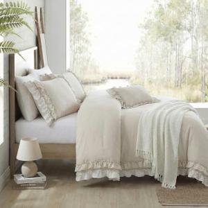 Bedorm Beige Duvet Cover Set Queen Ruffle Bedding Set Pleat Ruffled Shabby Chic Comforter Cover Extra Soft & Easy Care White Boho Duvet Cover with Zipper Closure