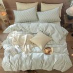 MooMee Striped Duvet Cover Set 100% Washed Cotton Linen Like Textured Breathable Durable Soft Comfy (Sage Green White Classic Stripes, King 104"x90")