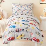 Mooreeke 4 Pieces Toddler Bedding Set - Soft Race Cars Toddler Comforter Sets for Girls, Includes Quilted Comforter, Flat Sheet, Fitted Sheet and Pillowcase, Bed in A Bag for Baby Bedroom