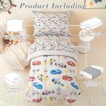 Mooreeke 4 Pieces Toddler Bedding Set - Soft Race Cars Toddler Comforter Sets for Girls, Includes Quilted Comforter, Flat Sheet, Fitted Sheet and Pillowcase, Bed in A Bag for Baby Bedroom