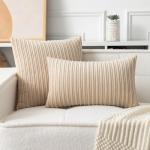 UGASA Velvet 12x20 Inch Lumbar Soft Throw Pillow Cover Boho Farmhouse Decorative Corduroy Striped Both Sides Solid Rectangular Cushion Case for Couch Bedroom Sofa Home, 1 Piece, Beige