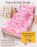TinyPalsa Toddler Bedding Set, 4-Piece Pink Rainbow Pony Comforter Set for Girls and Boys, Breathable Crib Bedding Includes Ultra-Soft Quilt, Flat & Fitted Sheets, Pillowcase