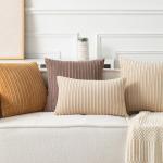 UGASA Velvet 12x20 Inch Lumbar Soft Throw Pillow Cover Boho Farmhouse Decorative Corduroy Striped Both Sides Solid Rectangular Cushion Case for Couch Bedroom Sofa Home, 1 Piece, Beige