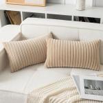 UGASA Velvet 12x20 Inch Lumbar Soft Throw Pillow Cover Boho Farmhouse Decorative Corduroy Striped Both Sides Solid Rectangular Cushion Case for Couch Bedroom Sofa Home, 1 Piece, Beige