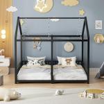PVWIIK Double Montessori Floor Bed with Fence & Roof for Two Kids Teens Boys Girls,Twin Floor Bed,Easy Assemble,No Box Spring Needed, Black