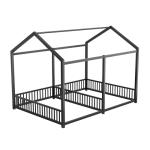 PVWIIK Double Montessori Floor Bed with Fence & Roof for Two Kids Teens Boys Girls,Twin Floor Bed,Easy Assemble,No Box Spring Needed, Black