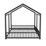 PVWIIK Double Montessori Floor Bed with Fence & Roof for Two Kids Teens Boys Girls,Twin Floor Bed,Easy Assemble,No Box Spring Needed, Black