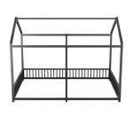 PVWIIK Double Montessori Floor Bed with Fence & Roof for Two Kids Teens Boys Girls,Twin Floor Bed,Easy Assemble,No Box Spring Needed, Black