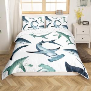 Feelyou Shark Comforter Cover Set Marine Life Ocean Theme Bedding Set for Kids Boys 3D Shark Print Duvet Cover Sea Animal Pattern Bedspread Cover Bedroom Collection 3Pcs Queen Size…