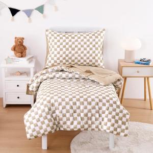 Wake In Cloud - Toddler Bedding Set for Boys Girls, Cute Gingham Grid Checkered, 4 Pieces Soft Crib Bed Set Including Comforter, Sheets and Pillowcase, Brown White