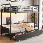 Jocoevol Metal LED Bunk Bed Twin Over Twin with 2 Storage Drawers, USB Charging Station, Industrial Bunkbeds Heavy Duty Bed with Safety Guardrail and Ladder, No Box Spring Needed, Black