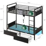 Jocoevol Metal LED Bunk Bed Twin Over Twin with 2 Storage Drawers, USB Charging Station, Industrial Bunkbeds Heavy Duty Bed with Safety Guardrail and Ladder, No Box Spring Needed, Black