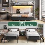 Jocoevol Metal LED Bunk Bed Twin Over Twin with 2 Storage Drawers, USB Charging Station, Industrial Bunkbeds Heavy Duty Bed with Safety Guardrail and Ladder, No Box Spring Needed, Black