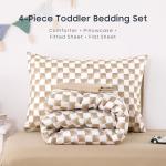 Wake In Cloud - Toddler Bedding Set for Boys Girls, Cute Gingham Grid Checkered, 4 Pieces Soft Crib Bed Set Including Comforter, Sheets and Pillowcase, Brown White