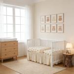 Organic Cotton Muslin Baby Crib Bedding Set 3 Piece Soft for Infant Newborn Toddler Boys Girls 52"x28", Nursery Bed Quilt Set Decor with Fitted Crib Sheet, Boho Quilted Comforter Blanket, Bed Skirt