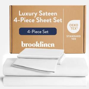 Brooklinen Luxury Sateen 4 Piece Full Size Sheets Set in White - 100% Cotton Sateen Sheets - 1 Fitted Sheet, 1 Flat Sheet, 2 Pillowcases