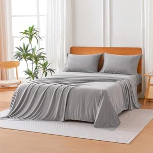 Amazon Basics Jersey Knit Microfiber 4-Piece Sheet Set, Wrinkle Free and Easy Fit, Includes 16" Deep Pocket Fitted Sheet, 1 Flat Sheet and 2 Pillowcases, Queen, Gray