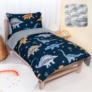 TinyPalsa Dinosaur Toddler Bedding Set, 4-Piece Comforter Set for Girls and Boys, Breathable Crib Bedding Includes Ultra-Soft Plush Minky Comforter, Flat and Fitted Sheets, and Reversible Pillowcase