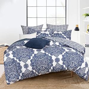 PHF Ultra Soft Paisley Duvet Cover King Size, Printed Bedding Set 3 Pieces, Comfy Farmhouse Pattern Duvet Cover Set with 2 Pillow Shams, Zipper Closure and 8 Ties, 104"x90", Royal Blue & White