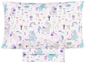 Scientific Sleep Cute Unicorn Flower Rainbow 100% Cotton Cozy Twin Bed Sheet Set, Flat Sheet & Fitted Sheet & Pillowcase Natural Bedding Set (Unicorn, Twin)