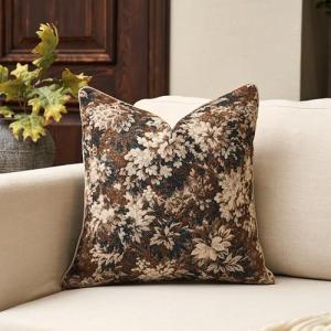 Yangest Neutral Floral Pillow Cover 18 x18 Inches, Vintage Chenille Square Throw Pillow Cover Soft Decorative Farmhouse Accent Couch Pillow Cover for Living Room Bedroom, Coffee Brown