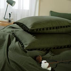 Standard Size Pillow Shams Set of 2, Boho Pom Fringe Pillowcases, Cute Ball Tassel Trimmed Pillowshams, 20x26 Inch, Dark Olive Green