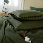 Standard Size Pillow Shams Set of 2, Boho Pom Fringe Pillowcases, Cute Ball Tassel Trimmed Pillowshams, 20x26 Inch, Dark Olive Green