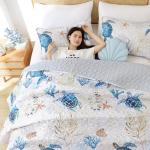 weigelia Coastal Quilt Set Queen Size - Sea Turtle Ocean Print Lightweight Soft Microfiber Summer Comforter with 2 Pillow Cases - Beach Bedding Coverlet Decor for All Seasons, Bedroom & Guest Room